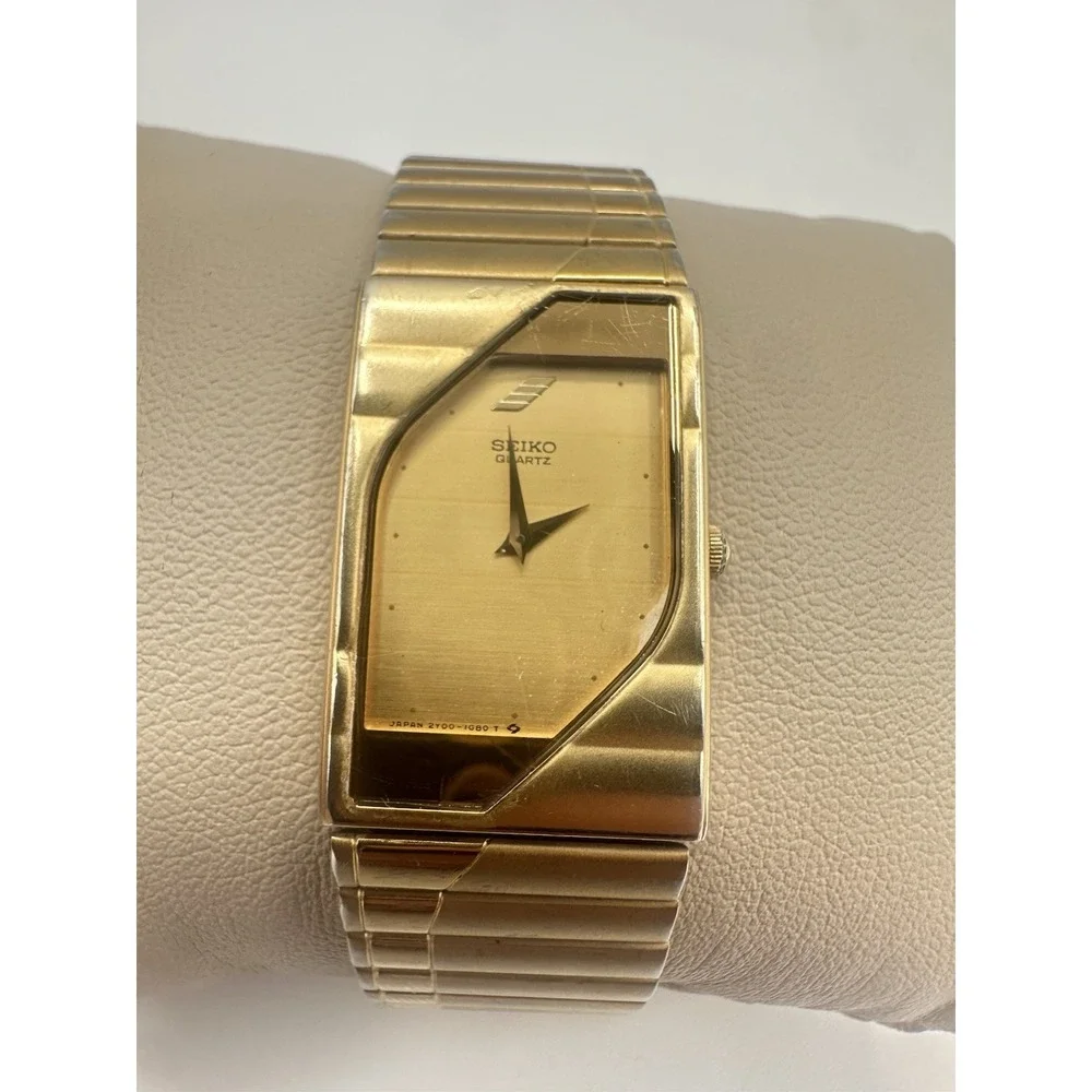 Vintage Seiko Quartz Gold Tone Half Moon  Dress Watch Japan 2100-1680 Unisex